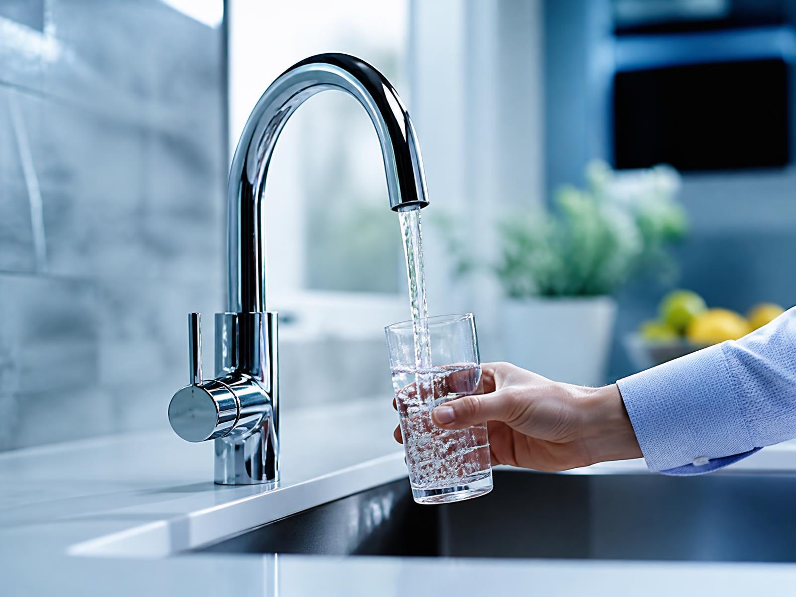 Agua cristalina cayendo de una llave en una cocina moderna
